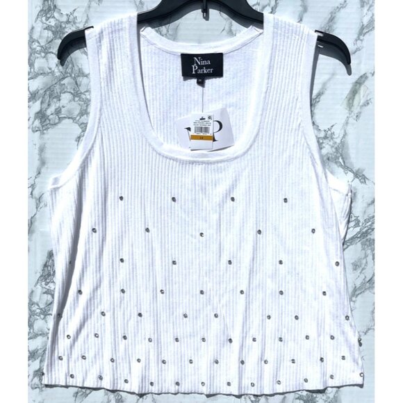 Nina Parker White Sleeveless Ribbed Tank Top With Rhinestone Accents Size 3X - Picture 1 of 7